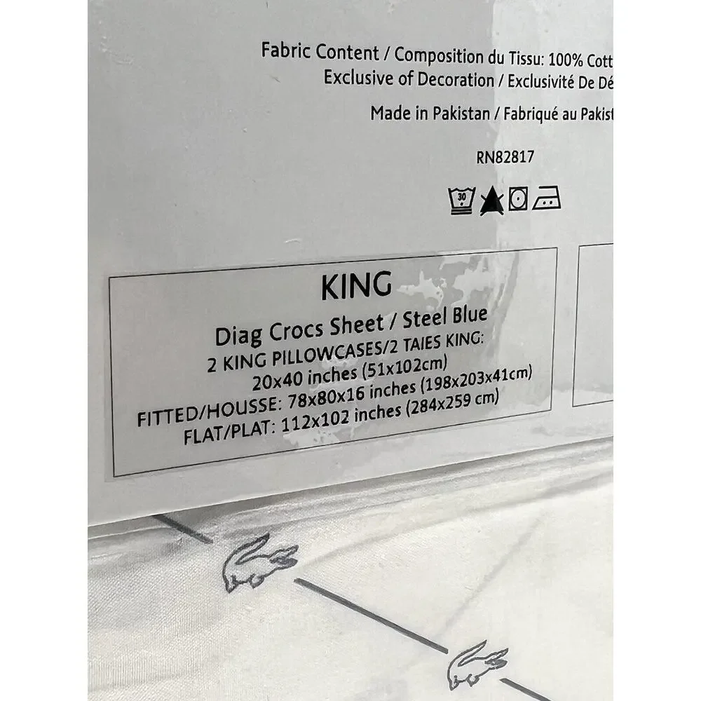 Lacoste Crocodile Logo KING Sheet Set White Blue 100% Cotton Percale Alligator